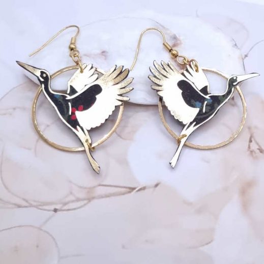 Boucles d'oreilles cigogne oiseau en TISSU liberty Erica noir Boucles d'oreilles cigogne oiseau en TISSU liberty Erica noir
