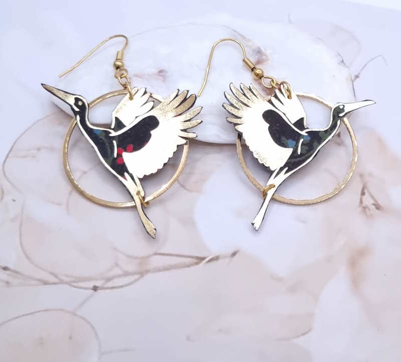 Boucles d'oreilles cigogne oiseau en TISSU liberty Erica noir