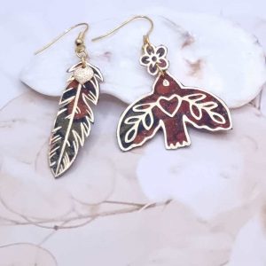 Boucles d'oreilles oiseau stylisé et plumes en tissu liberty Heritage Garden automne