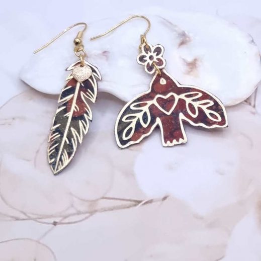 Boucles d'oreilles oiseau stylisé et plumes en tissu liberty Heritage Garden automne