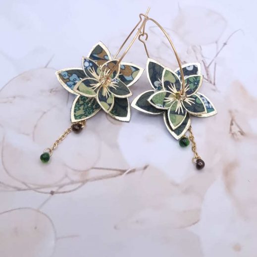 Boucles d'oreilles grandes créoles fleurs de tiaré en TISSU liberty Ciara biotanique
