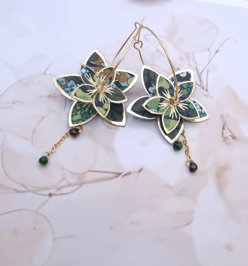 Boucles d'oreilles grandes créoles fleurs de tiaré en TISSU liberty Ciara biotanique