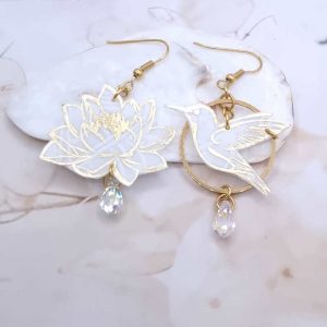 Boucles d'oreilles colibri et fleurs de lotus en TISSU liberty Ianthe