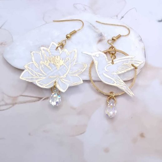 Boucles d'oreilles colibri et fleurs de lotus en TISSU liberty Ianthe