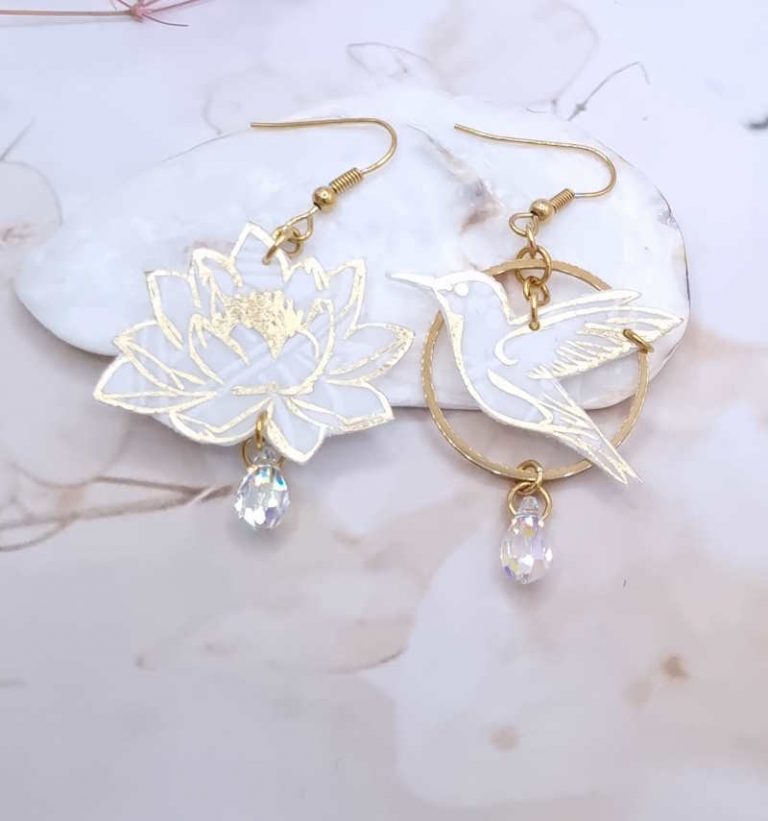 Boucles d'oreilles colibri et fleurs de lotus en TISSU liberty Ianthe