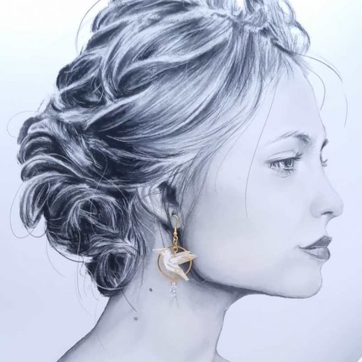 Boucles d'oreilles colibri et fleurs de lotus en TISSU liberty Ianthe Boucles d'oreilles colibri et fleurs de lotus en TISSU liberty Ianthe