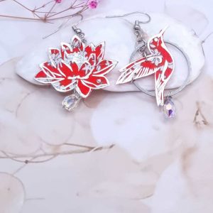 Boucles d'oreilles colibri et fleurs de lotus en TISSU liberty summer bloom Coquelicot