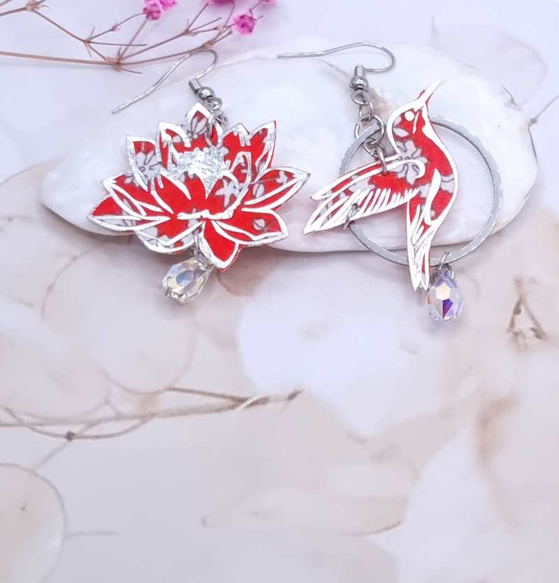 Boucles d'oreilles colibri et fleurs de lotus en TISSU liberty summer bloom Coquelicot