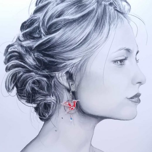 Boucles d'oreilles colibri et fleurs de lotus en TISSU liberty summer bloom Coquelicot Boucles d'oreilles colibri et fleurs de lotus en TISSU liberty summer bloom Coquelicot