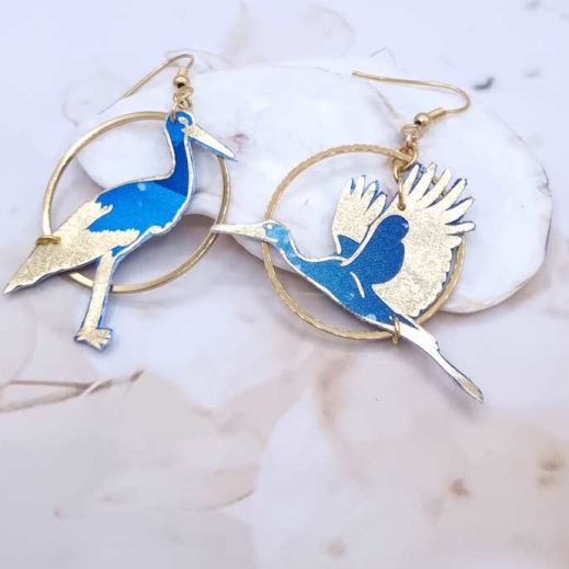 Boucles d'oreilles cigogne oiseau en TISSU féérie bleu