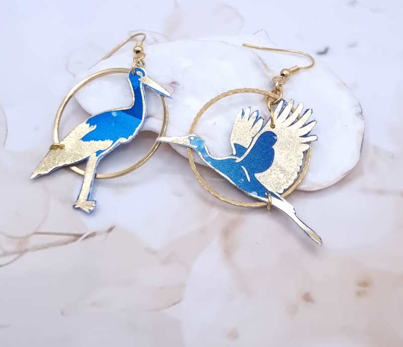 Boucles d'oreilles cigogne oiseau en TISSU féérie bleu