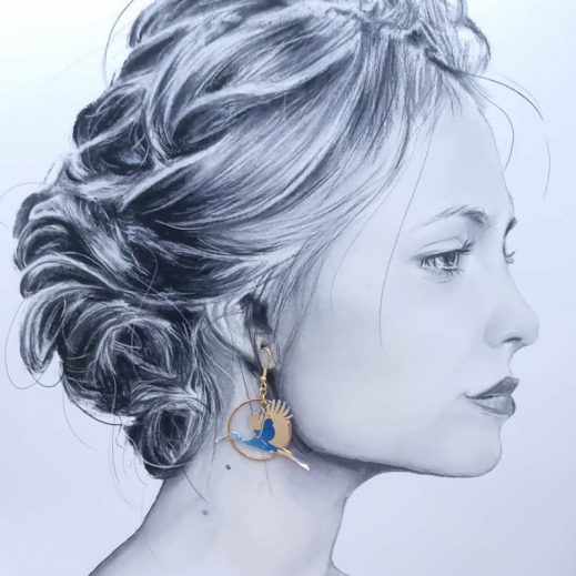 Boucles d'oreilles cigogne oiseau en TISSU féérie bleu Boucles d'oreilles cigogne oiseau en TISSU féérie bleu