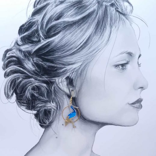 Boucles d'oreilles cigogne oiseau en TISSU féérie bleu Boucles d'oreilles cigogne oiseau en TISSU féérie bleu