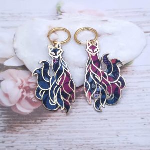 Boucles d'oreilles renard Kitsune en TISSU liberty perséphone violine