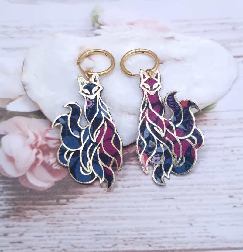 Boucles d'oreilles renard Kitsune en TISSU liberty perséphone violine