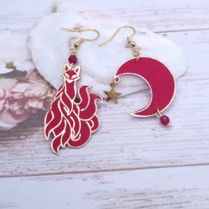 Boucles d'oreilles renard Kitsune en TISSU Uni Rouge Cerise