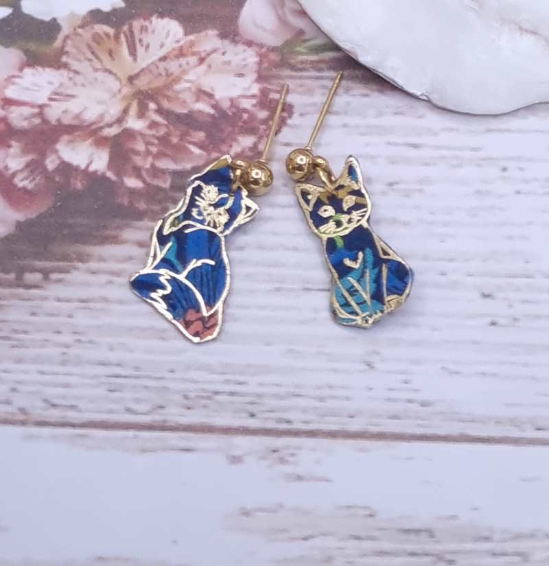 Boucles d'oreilles Mini chat en liberty strawberry thief denim