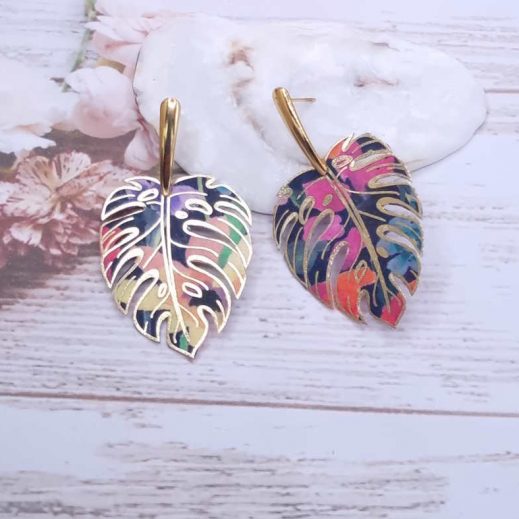 Boucles d'oreilles feuilles de monstera en TISSU Dream of summer multicolor