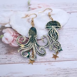 Boucles d'oreilles méduse et poulpe pieuvre en Tissu japonese star green