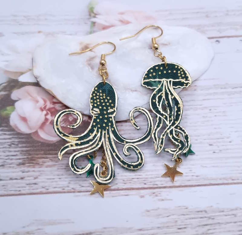 Boucles d'oreilles méduse et poulpe pieuvre en Tissu japonese star green
