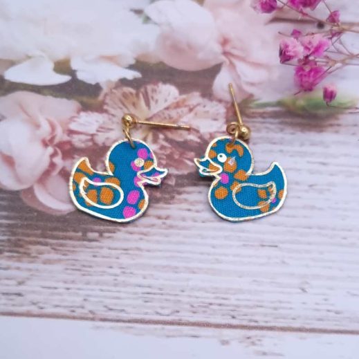 Boucles d'oreilles Mini canard en Tissu Petit Pan vert et petites fleurs rose et orange