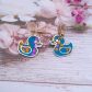 Boucles d'oreilles Mini canard en Tissu Petit Pan vert et petites fleurs rose et orange