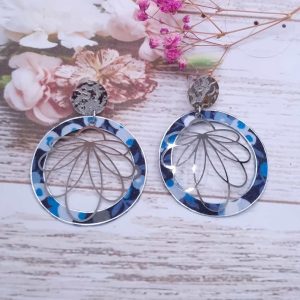 Boucles d'oreilles cercle et lys en Tissu liberty Wiltshire bleu nuit