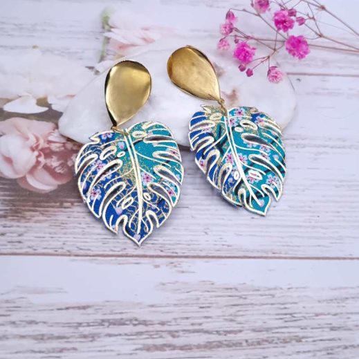 Boucles d'oreilles feuilles de monstera en TISSU japonais Sakura bleu