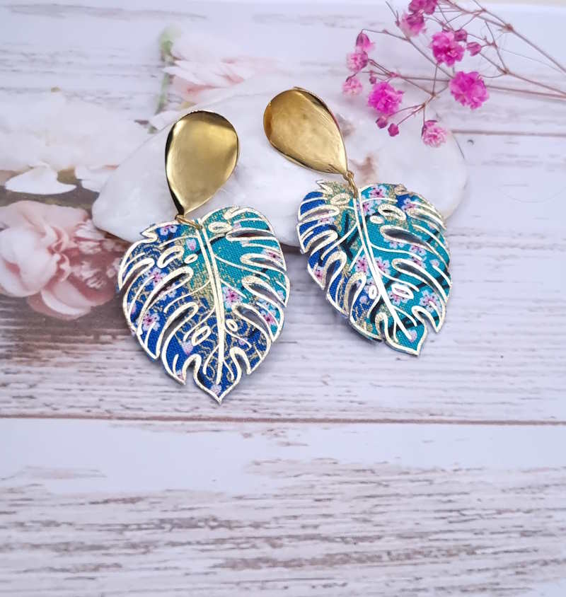 Boucles d'oreilles feuilles de monstera en TISSU japonais Sakura bleu