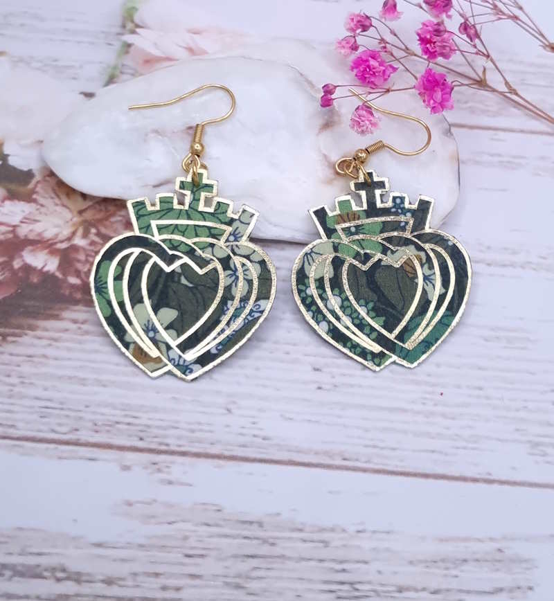 Boucles d'oreilles Coeur vendéen en Tissu Japonese Star green