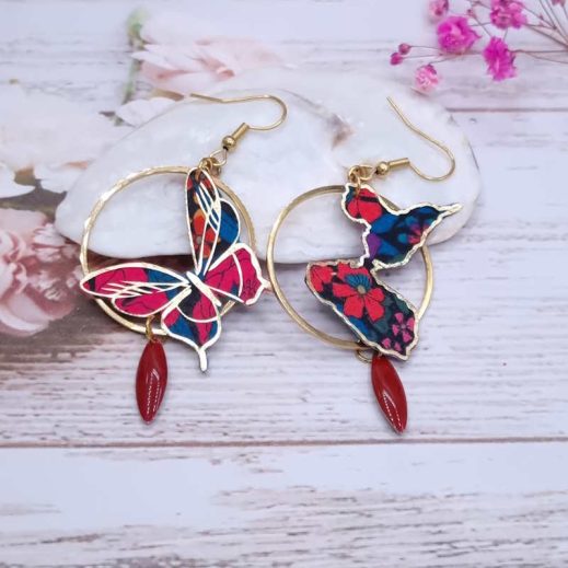 Boucles d'oreilles Papillon et Guadeloupe en liberty Ciara pétrole