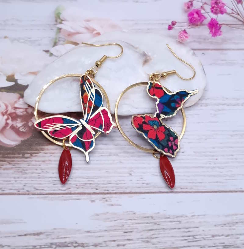 Boucles d'oreilles Papillon et Guadeloupe en liberty Ciara pétrole