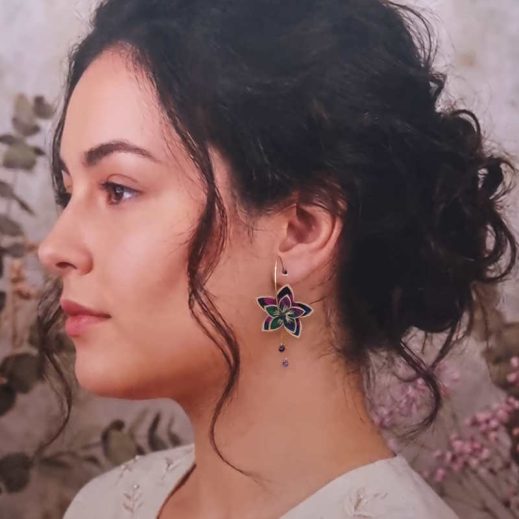 Boucles d'oreilles grandes créoles fleurs de tiaré en TISSU liberty Héritage garden agrume Boucles d'oreilles grandes créoles fleurs de tiaré en TISSU liberty Héritage garden agrume