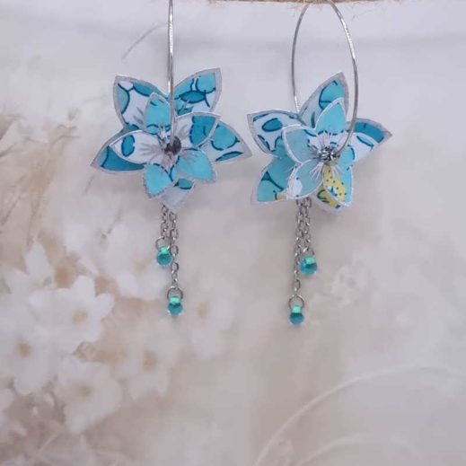 Boucles d'oreilles grandes créoles fleurs de tiaré en TISSU liberty Betsy mint and lemon Boucles d'oreilles grandes créoles fleurs de tiaré en TISSU liberty Betsy mint and lemon
