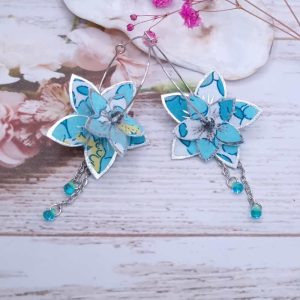 Boucles d'oreilles grandes créoles fleurs de tiaré en TISSU liberty Betsy mint and lemon