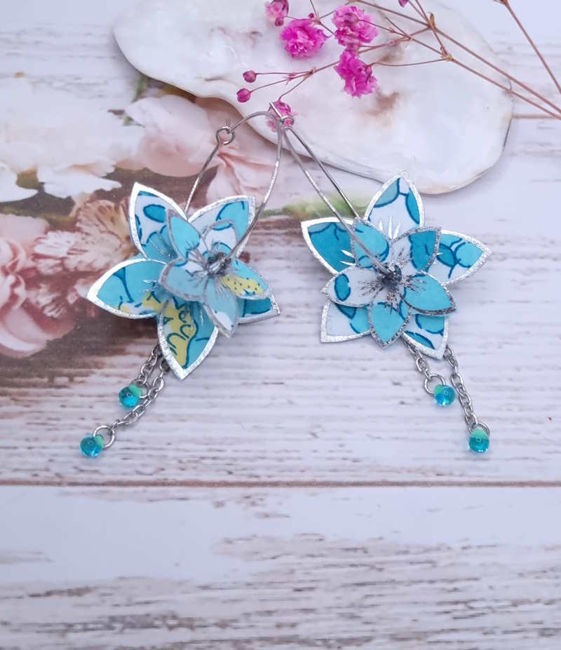 Boucles d'oreilles grandes créoles fleurs de tiaré en TISSU liberty Betsy mint and lemon
