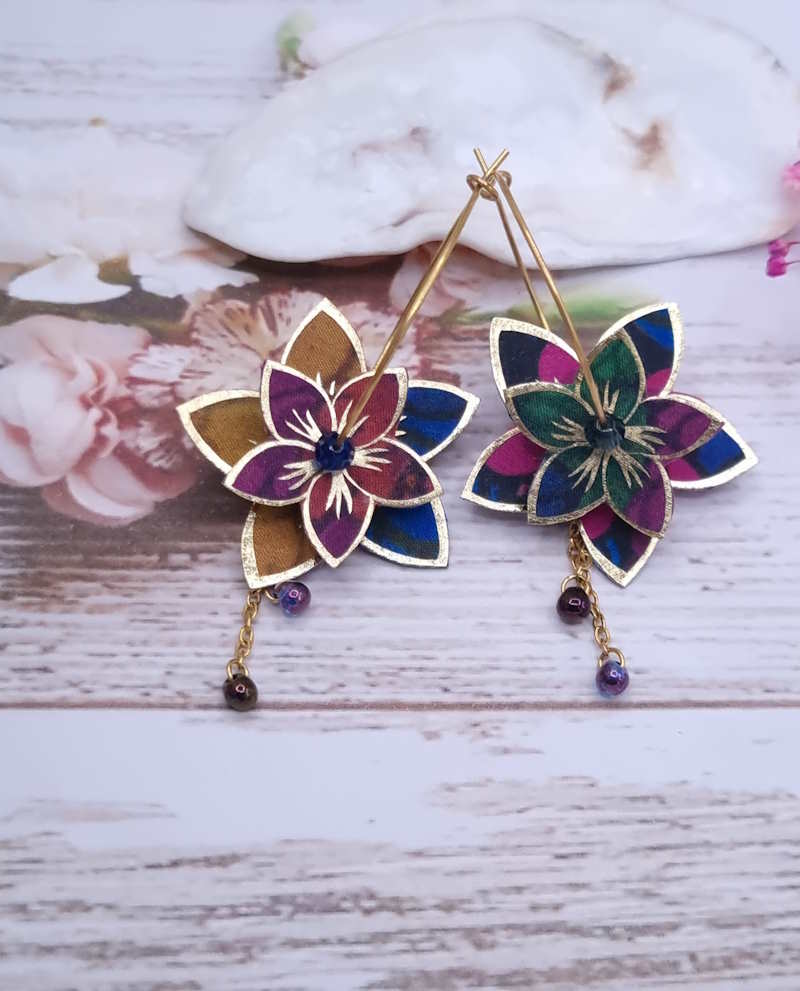 Boucles d'oreilles grandes créoles fleurs de tiaré en TISSU liberty Héritage garden agrume