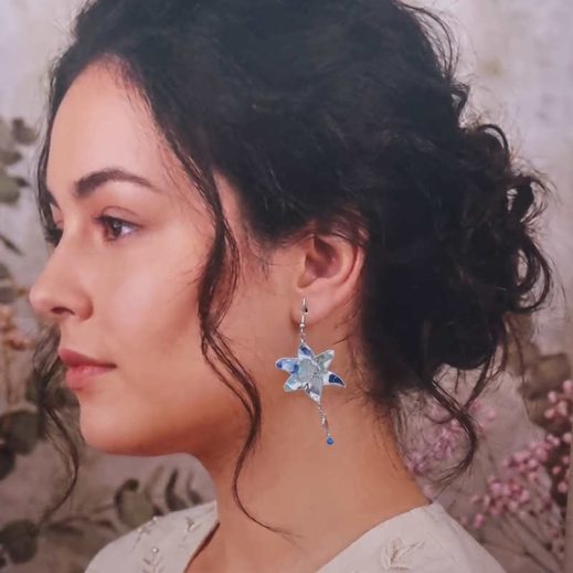 Boucles d'oreilles colibri et fleur de lys en TISSU Liberty Lily Jane bleu Boucles d'oreilles colibri et fleur de lys en TISSU Liberty Lily Jane bleu