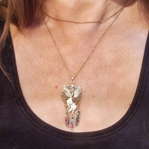 Collier Phoenix et attrape-rêve en liberty Ciara pétrole Collier Phoenix et attrape-rêve en liberty Ciara pétrole