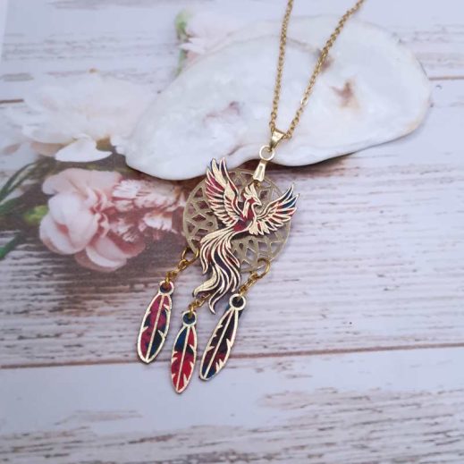 Collier Phoenix et attrape-rêve en liberty Ciara pétrole