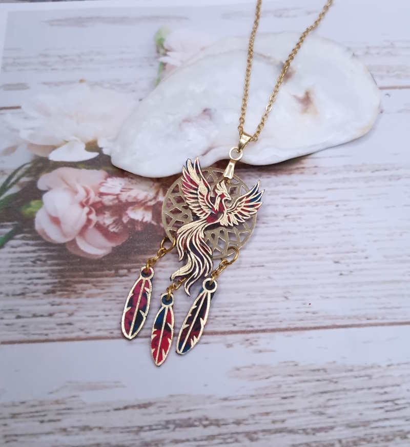 Collier Phoenix et attrape-rêve en liberty Ciara pétrole