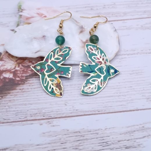 Boucles d'oreilles oiseaux stylisés en TISSU liberty Donna Leigh Jade et agate verte