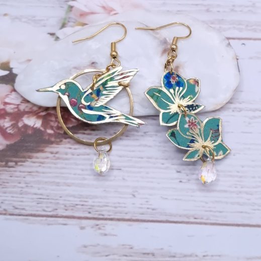 Boucles d'oreilles oiseau colibri et fleurs de cerisier en TISSU liberty Donna Leigh Jade