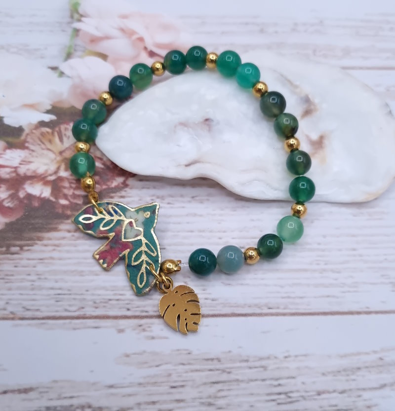 Bracelet élastique oiseau en liberty donna leigh jade et perles d'agate verte