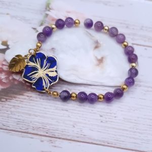 Bracelet élastique hibiscus en liberty GlenJade violet et perles d'Améthyste du brésil
