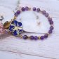 Bracelet élastique hibiscus en liberty GlenJade violet et perles d'Améthyste du brésil